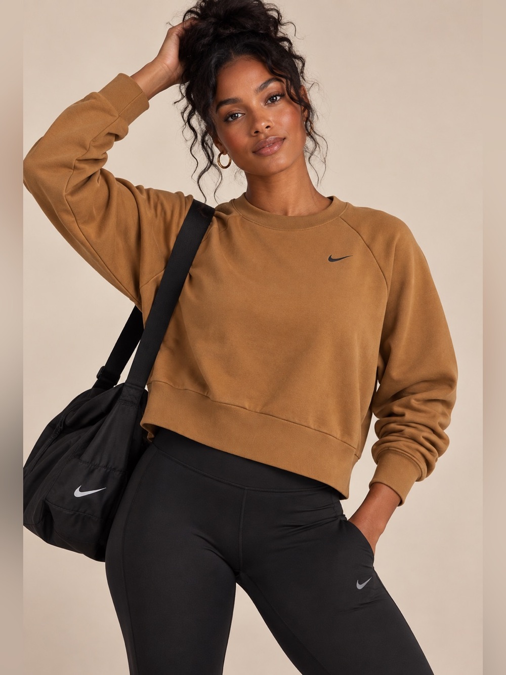 Nike Women’s Medium Brown Cropped Sweatshirt Cutout Back Logo Athletic Pullover
